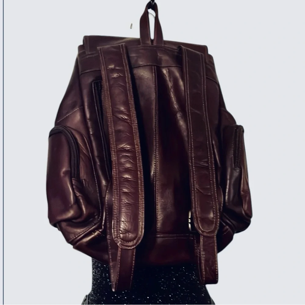 Vintage Dark Brown Merlot Ox Blood Leather Distressed Unisex Utility Backpack